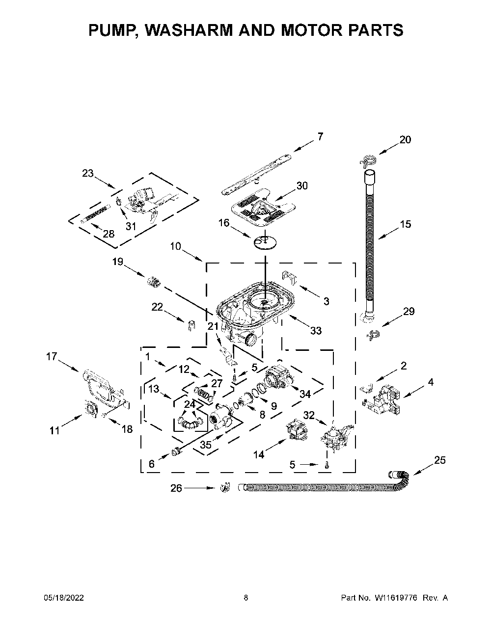 Pump, Washarm And Motor Parts Diagram and Parts List for KDTM704KPS1  KitchenAid Dishwasher
