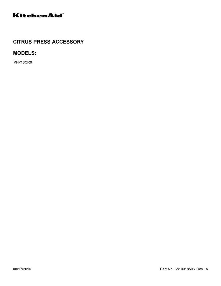 Cover Sheet Diagram and Parts List for KFP13CR0  KitchenAid Food Processor