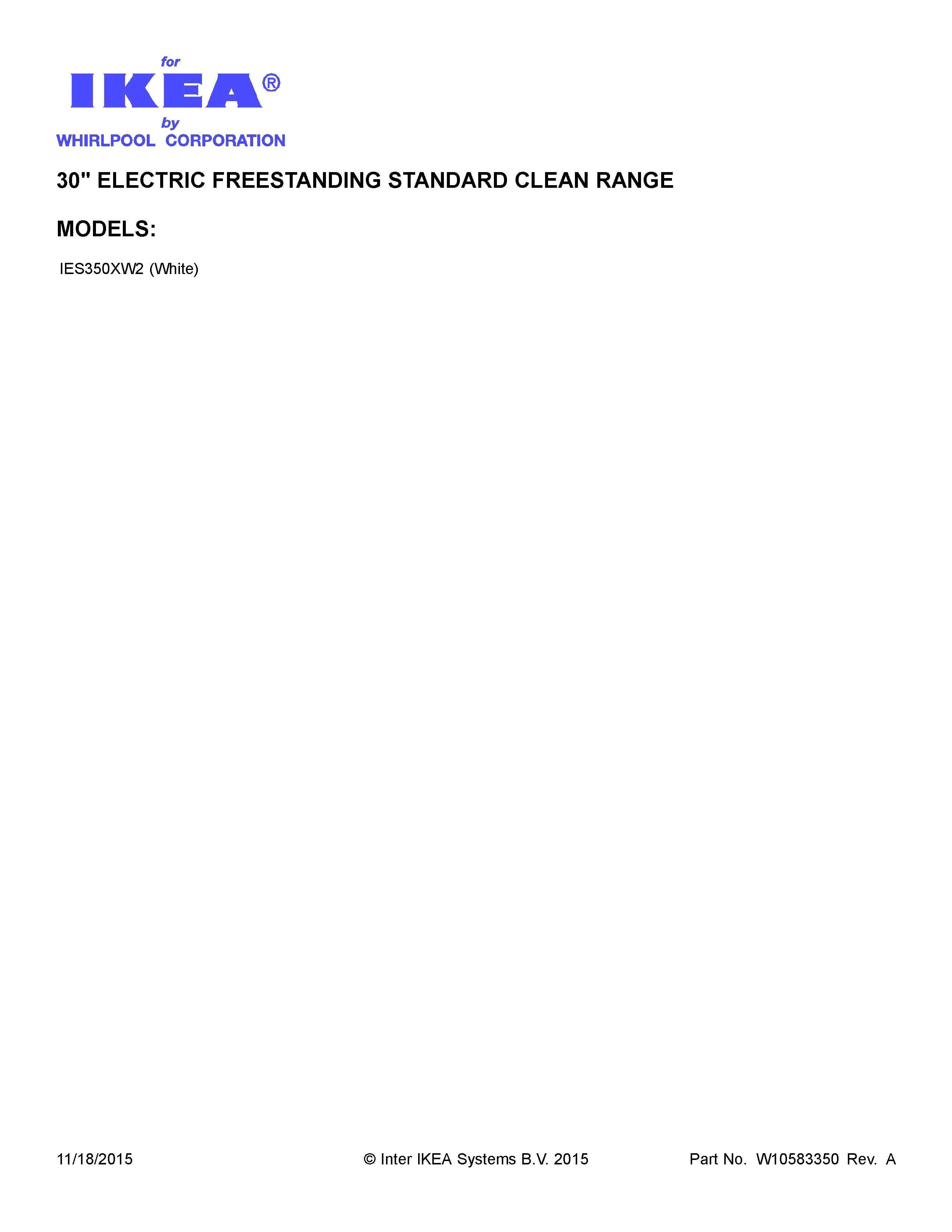 Cover Sheet Diagram and Parts List for IES350XW2  Whirlpool Range