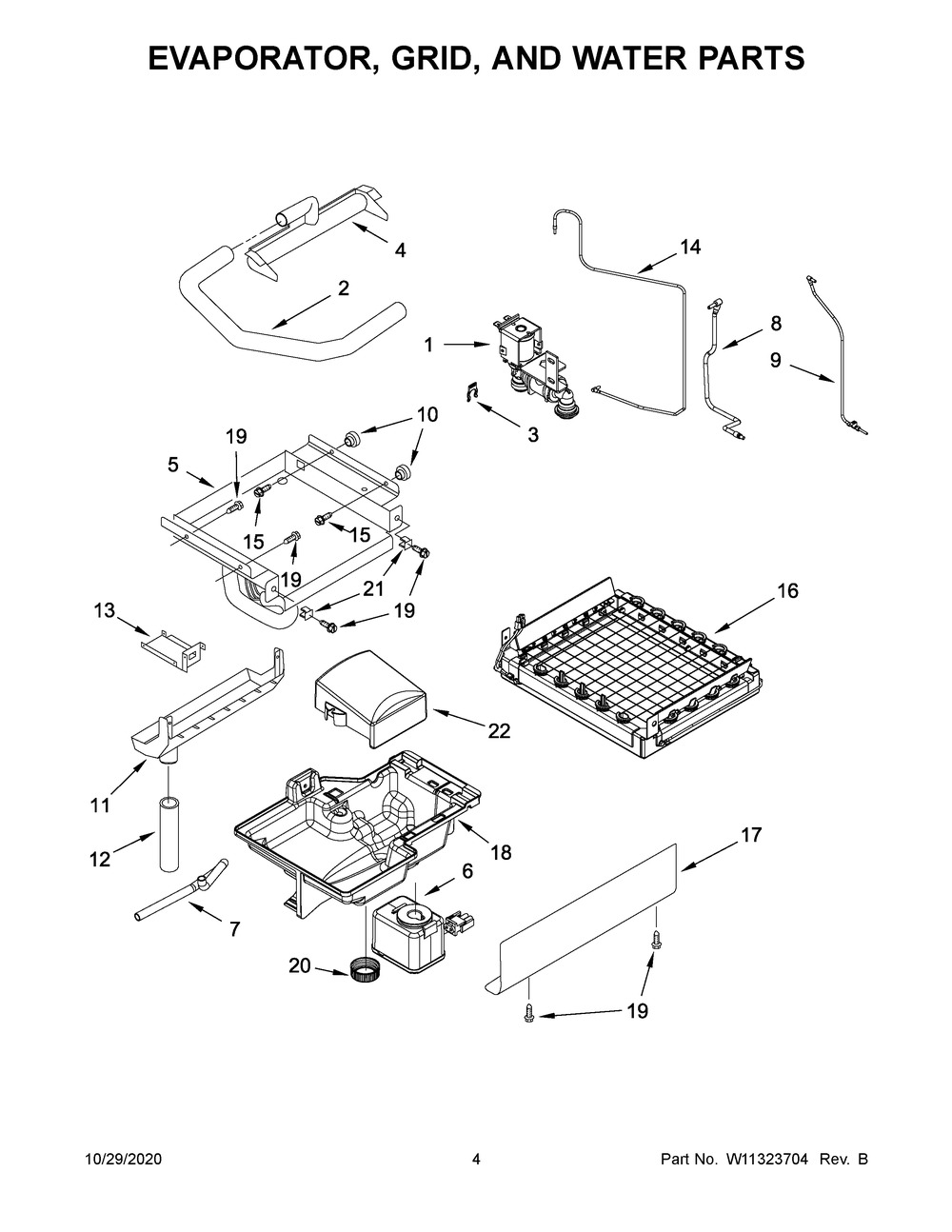 Evaporator, Grid, And Water Parts Diagram and Parts List for KUID508HWH00  Whirlpool Ice Maker