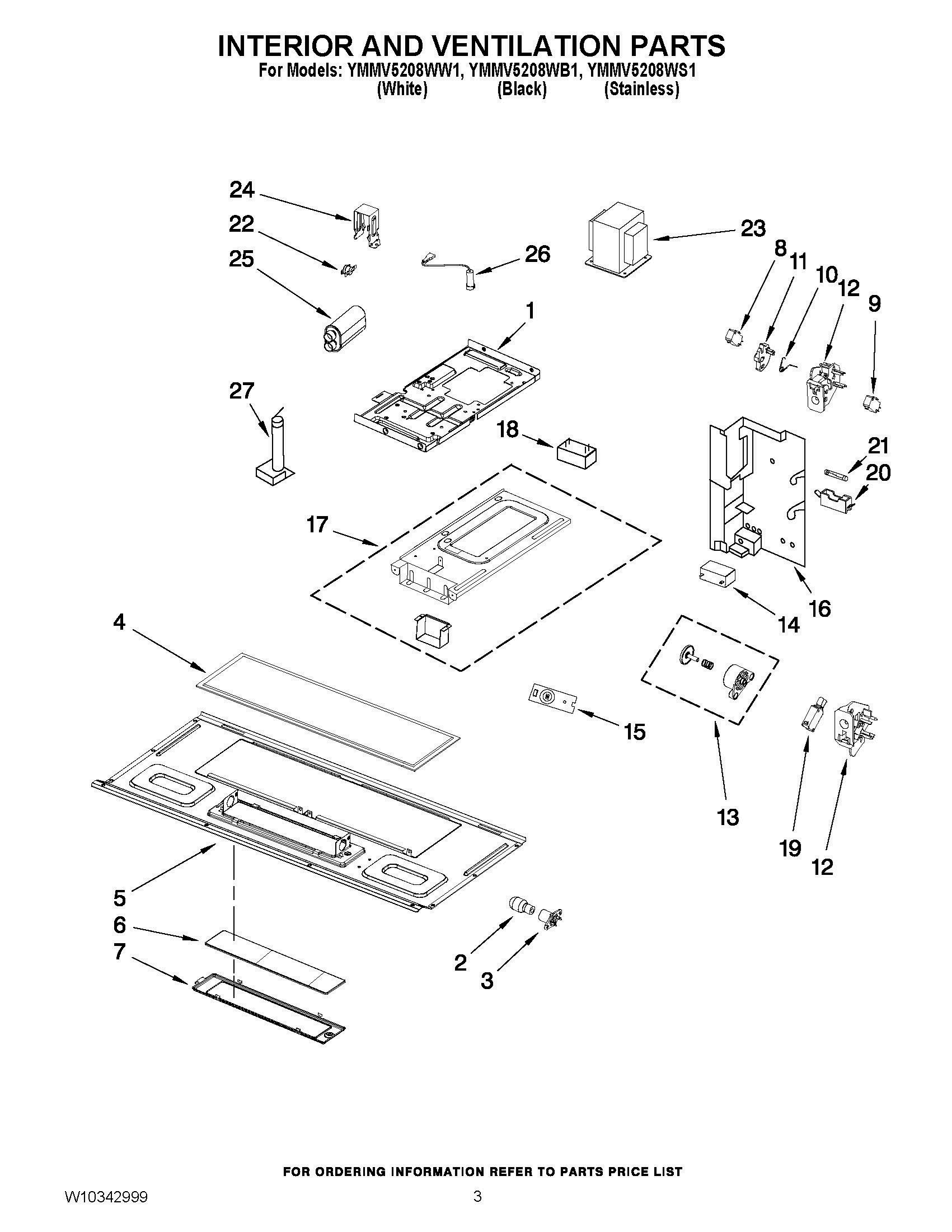 03 - INTERIOR AND VENTILATION PARTS Diagram and Parts List for YMMV5208WW1  Whirlpool Microwave