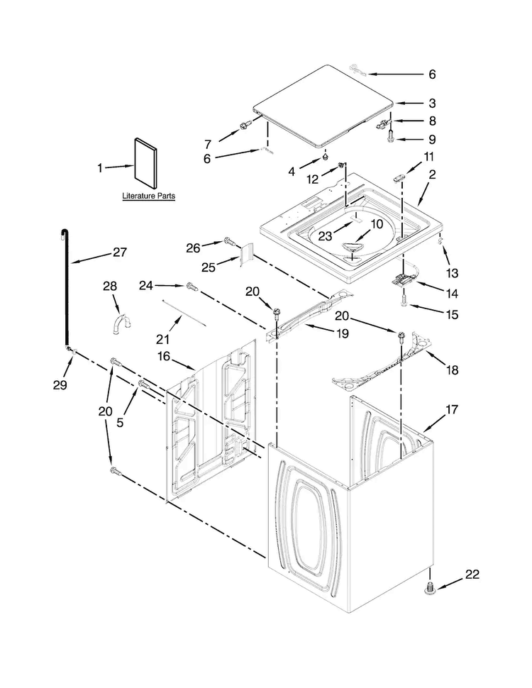Top And Cabinet Parts Diagram and Parts List for 11022102311  Kenmore Washer