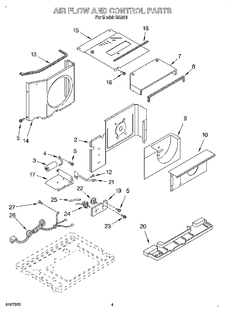 AIR FLOW AND CONTROL Diagram and Parts List for RA810  Whirlpool Air Conditioner