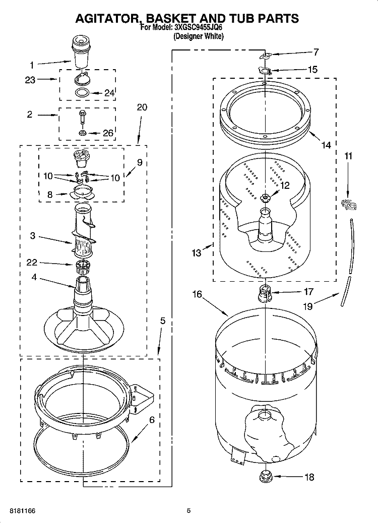 AGITATOR, BASKET AND TUB PARTS Diagram and Parts List for 3XGSC9455JQ6  Whirlpool Washer