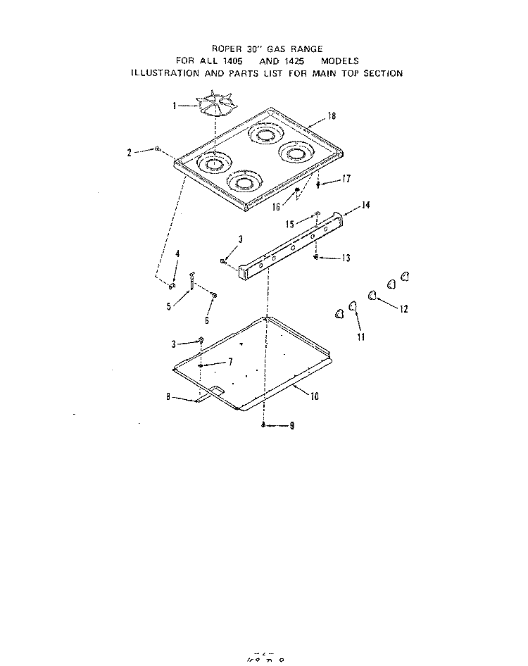 MAIN TOP Diagram and Parts List for 1405W0A  Roper Range