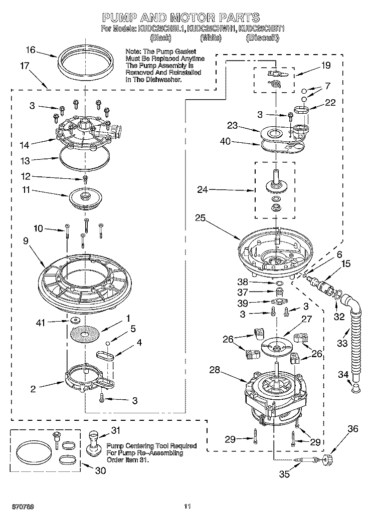 PUMP AND MOTOR Diagram and Parts List for KUDC25CHBT1  KitchenAid Dishwasher