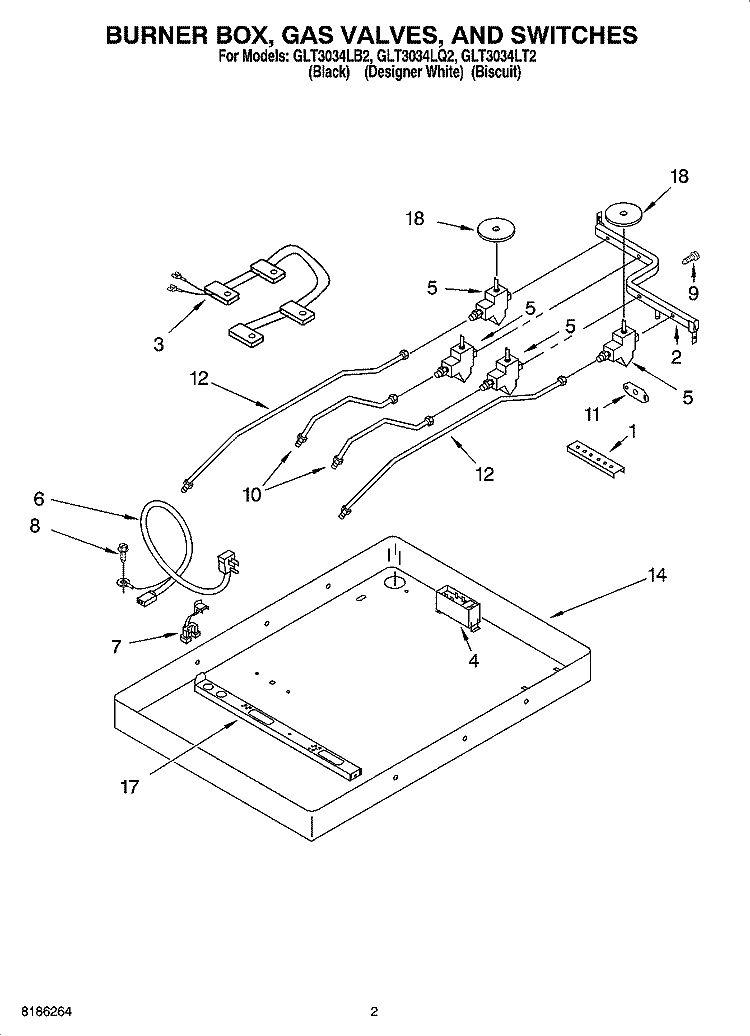 BURNER BOX, GAS VALVES, AND SWITCHES Diagram and Parts List for GLT3034LB2  Whirlpool Cooktop