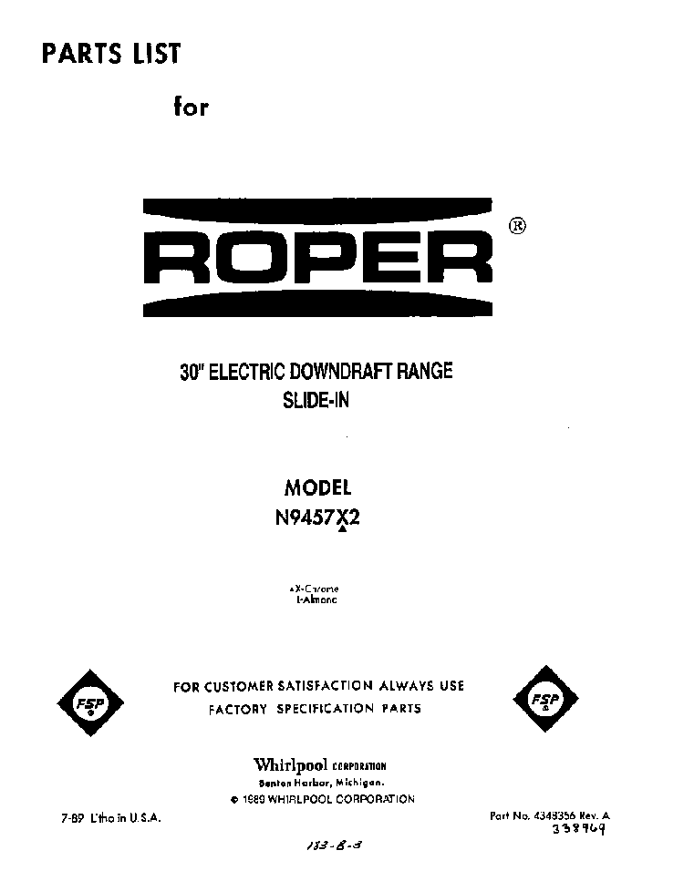Front Cover Diagram and Parts List for N9457*2  Roper Range