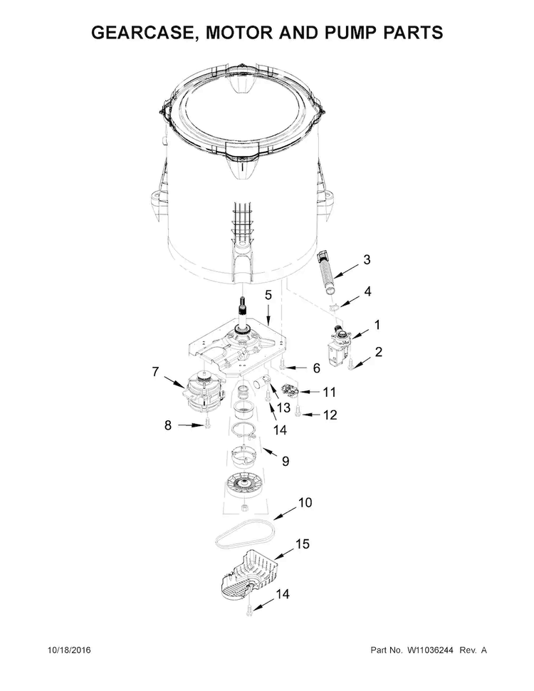 Gearcase, Motor And Pump Parts Diagram and Parts List for WTW4815EW2  Whirlpool Washer