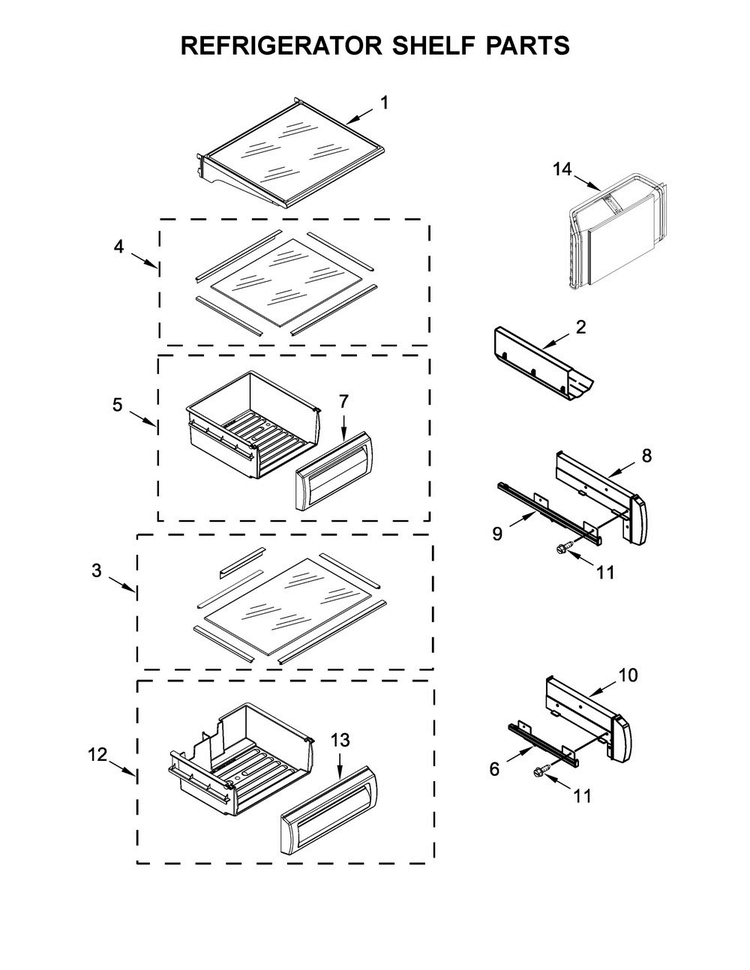 Refrigerator Shelf Parts Diagram and Parts List for KBSD606ESS01  KitchenAid Refrigerator