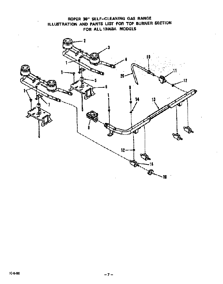 Top Burner Diagram and Parts List for 1395*3A  Roper Range