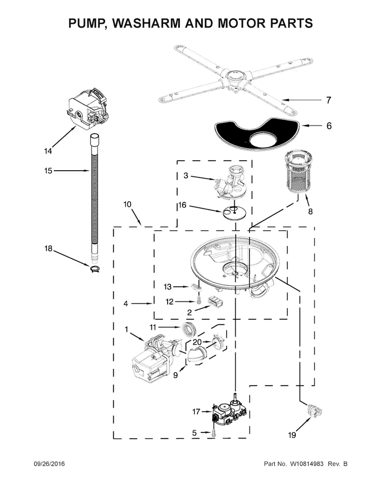 Pump, Washarm And Motor Parts Diagram and Parts List for KDTE254EBL1  KitchenAid Dishwasher
