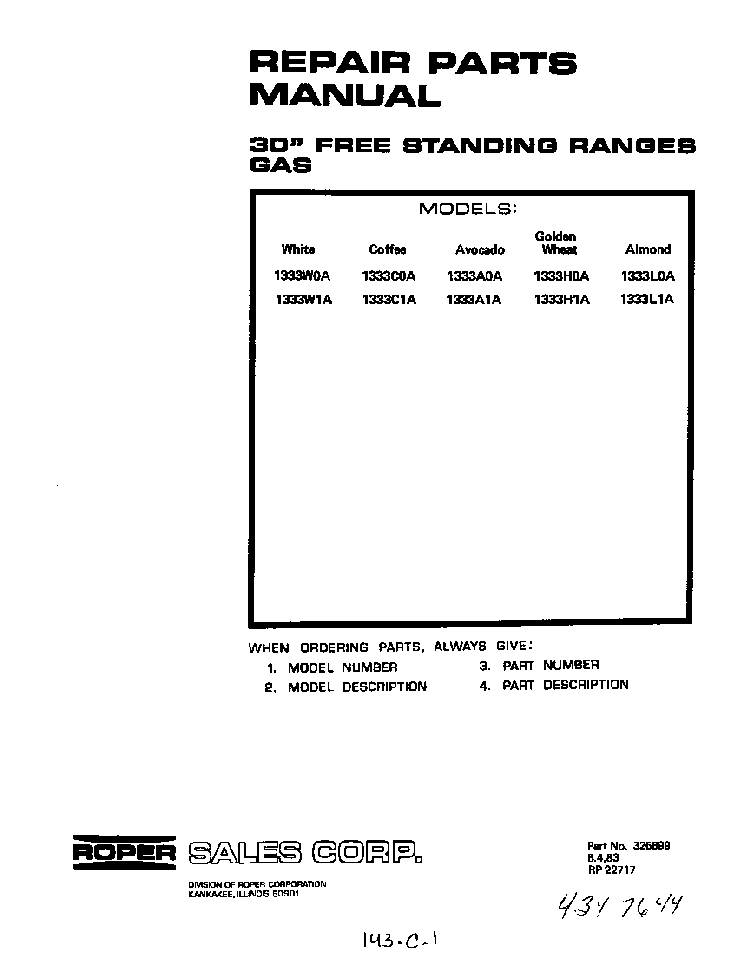 Cover Page-text Only Diagram and Parts List for 1333*1A  Roper Range