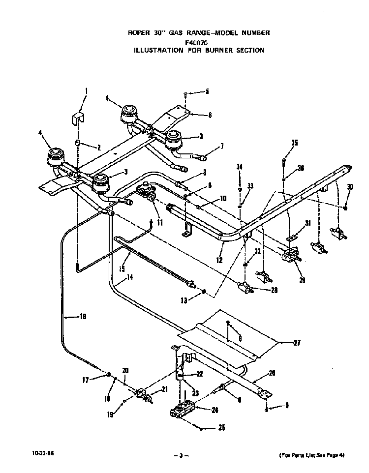 Burner Diagram and Parts List for F4007W0  Roper Range
