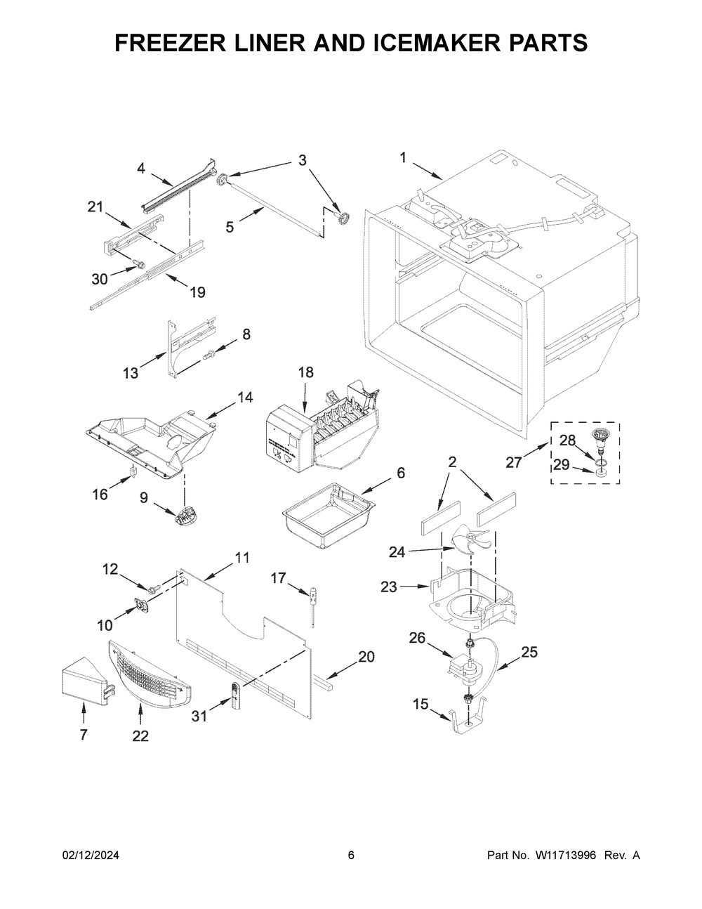 Freezer Liner And Icemaker Parts Diagram and Parts List for WRF540CWHW08  Whirlpool Refrigerator