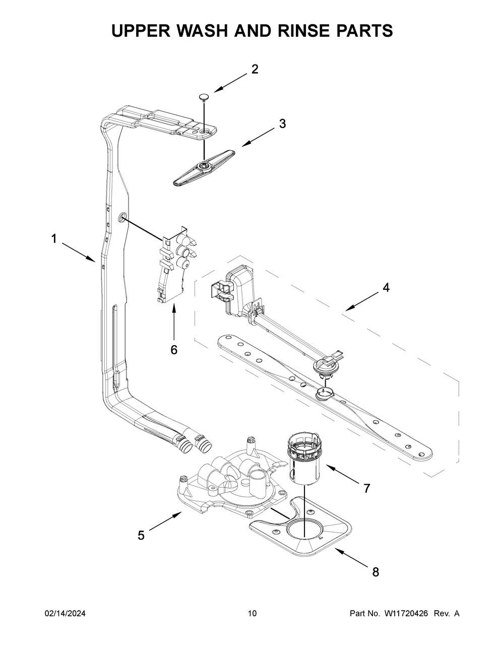 Upper Wash And Rinse Parts Diagram and Parts List for KDTE204KPS3  KitchenAid Dishwasher