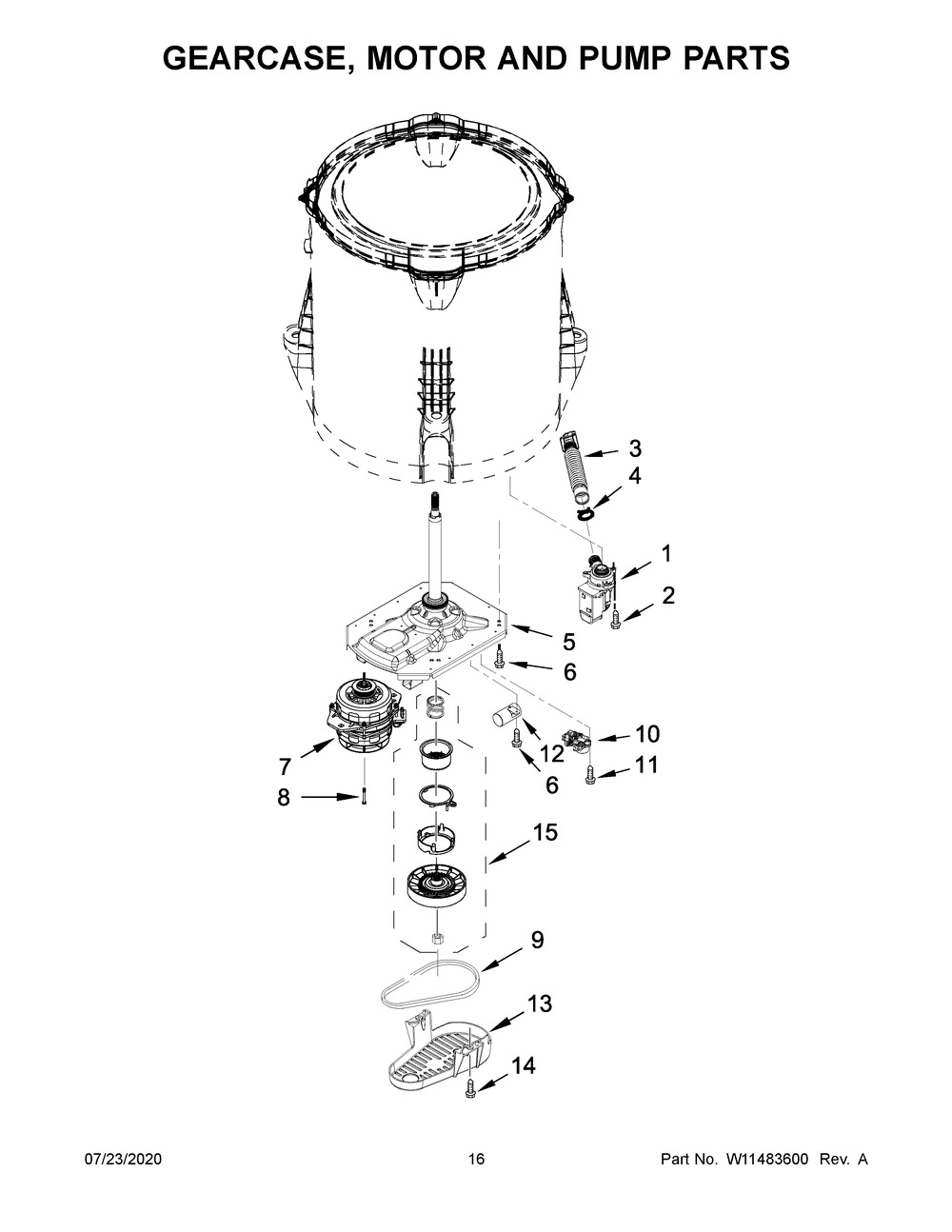 Gearcase, Motor And Pump Parts Diagram and Parts List for WET4027HW1  Whirlpool Washer Dryer Combo