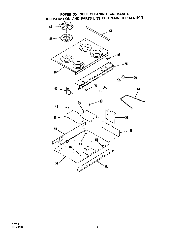 Main Top Diagram and Parts List for 1353*2A  Roper Range