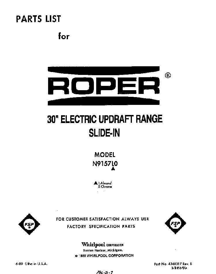 Front Cover Diagram and Parts List for N9157*0  Roper Range