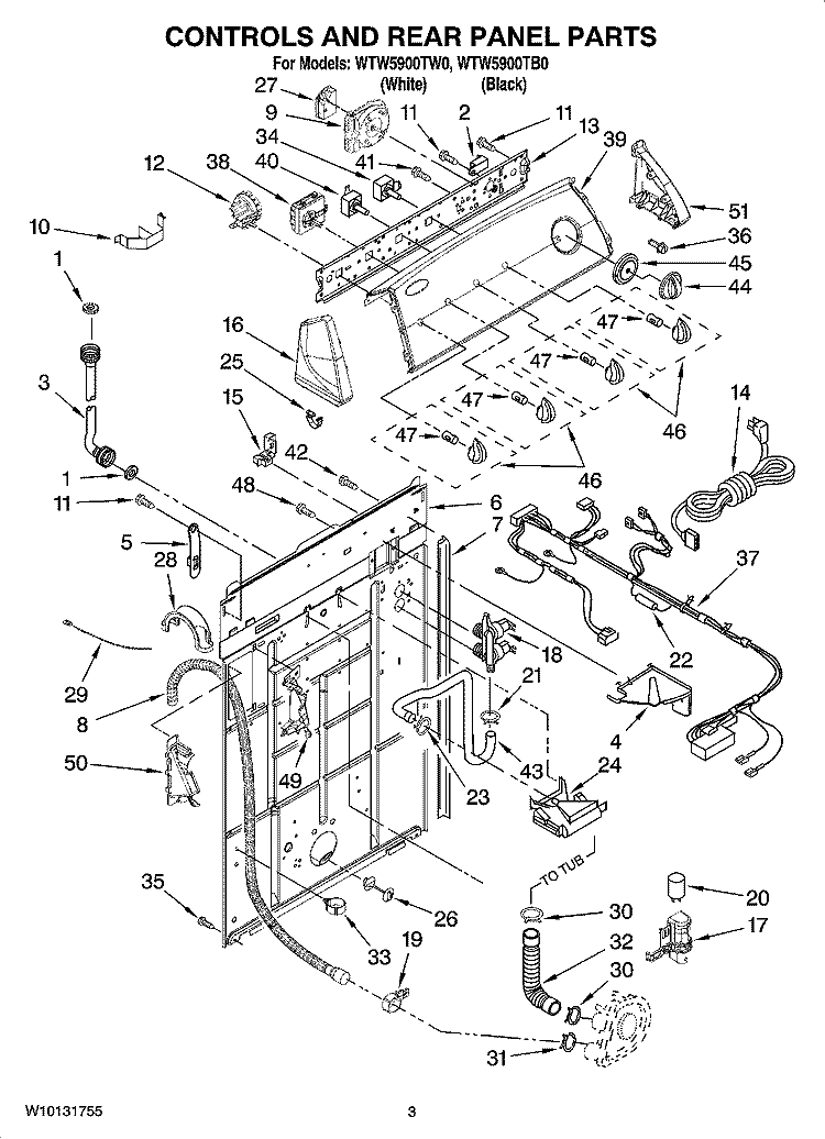 CONTROLS AND REAR PANEL PARTS Diagram and Parts List for WTW5900TB0  Whirlpool Washer