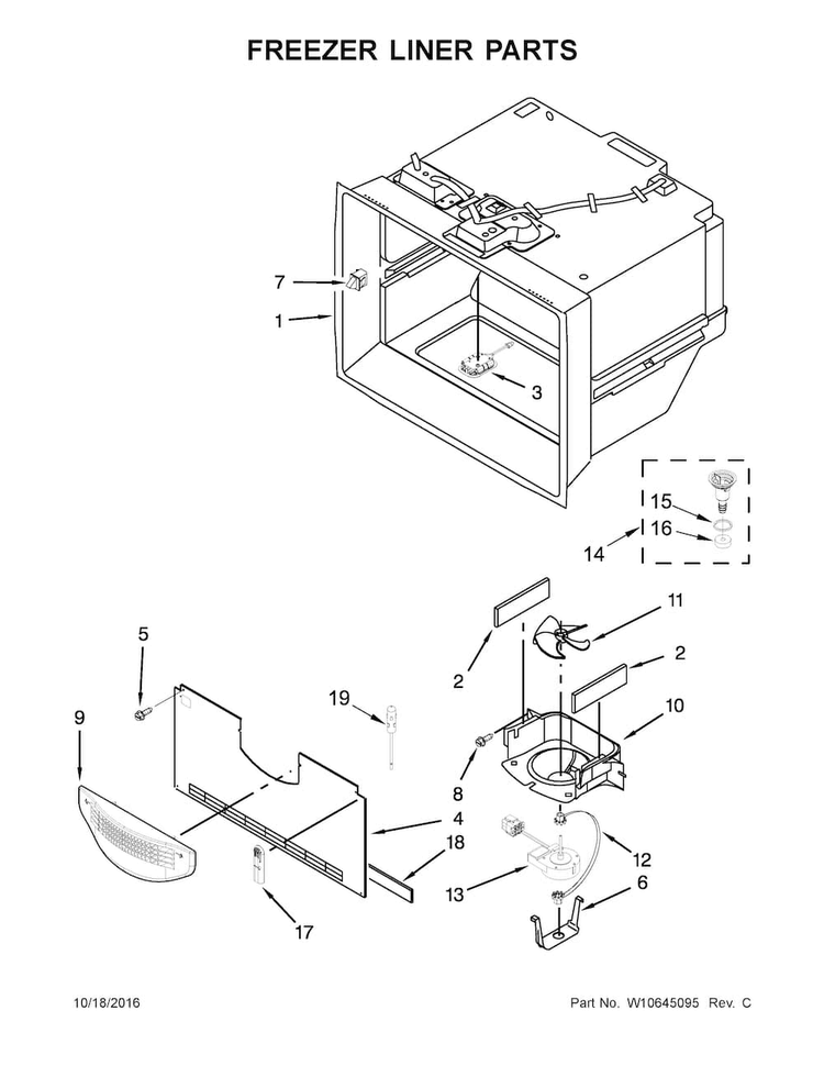 Freezer Liner Parts Diagram and Parts List for WRX988SIBW01  Whirlpool Refrigerator