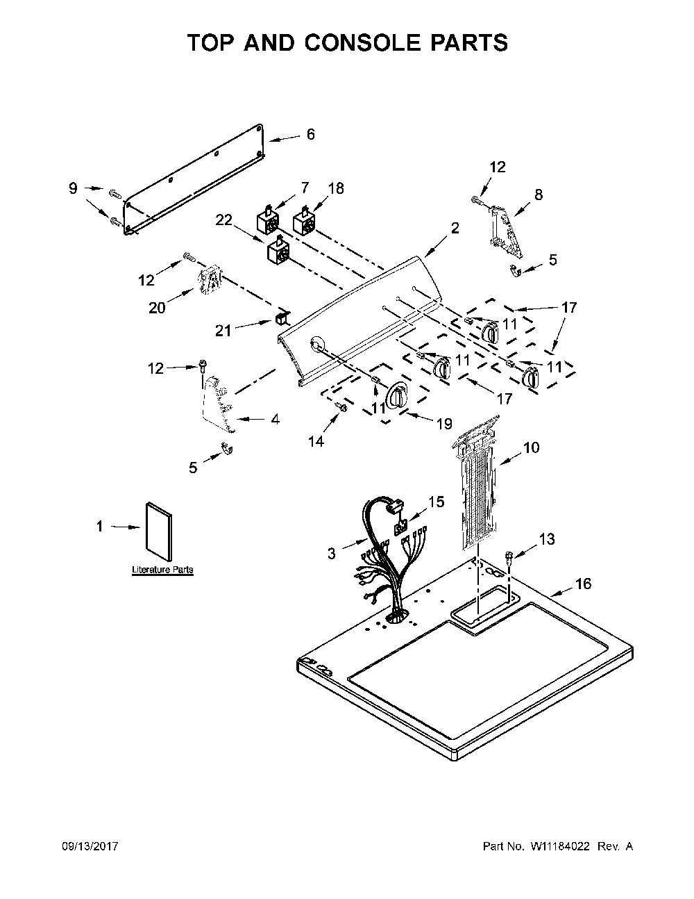 Top and console parts Diagram and Parts List for 110C72442512  Kenmore Dryer