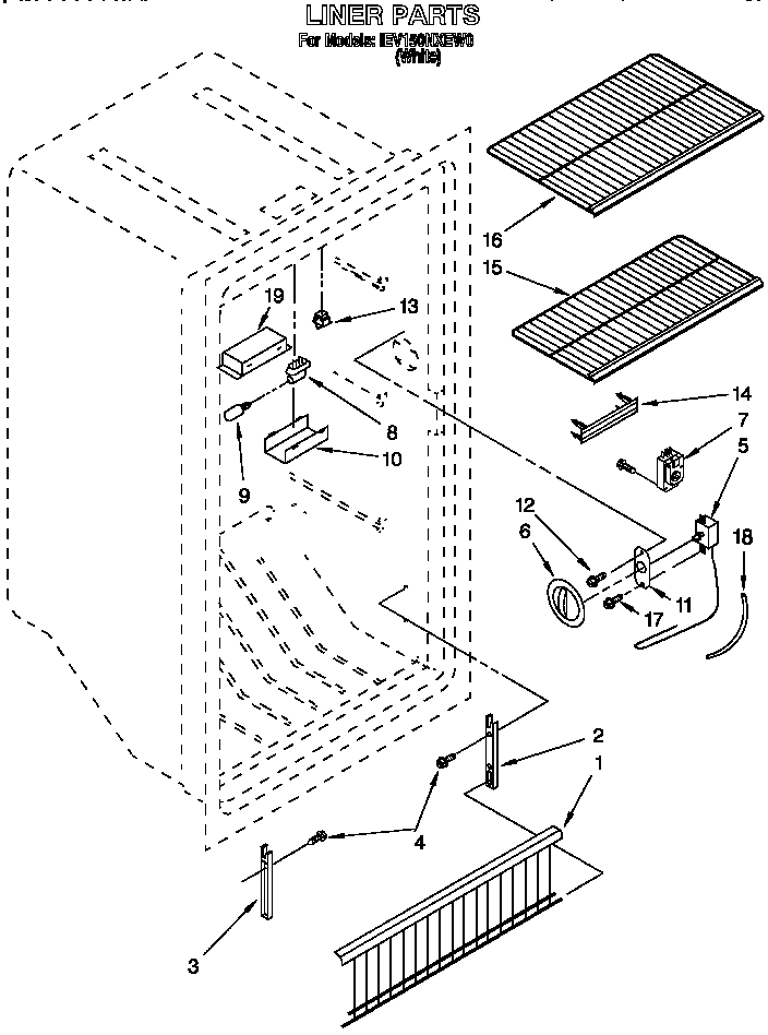 Liner Diagram and Parts List for EV150NXEW00  Whirlpool Freezer