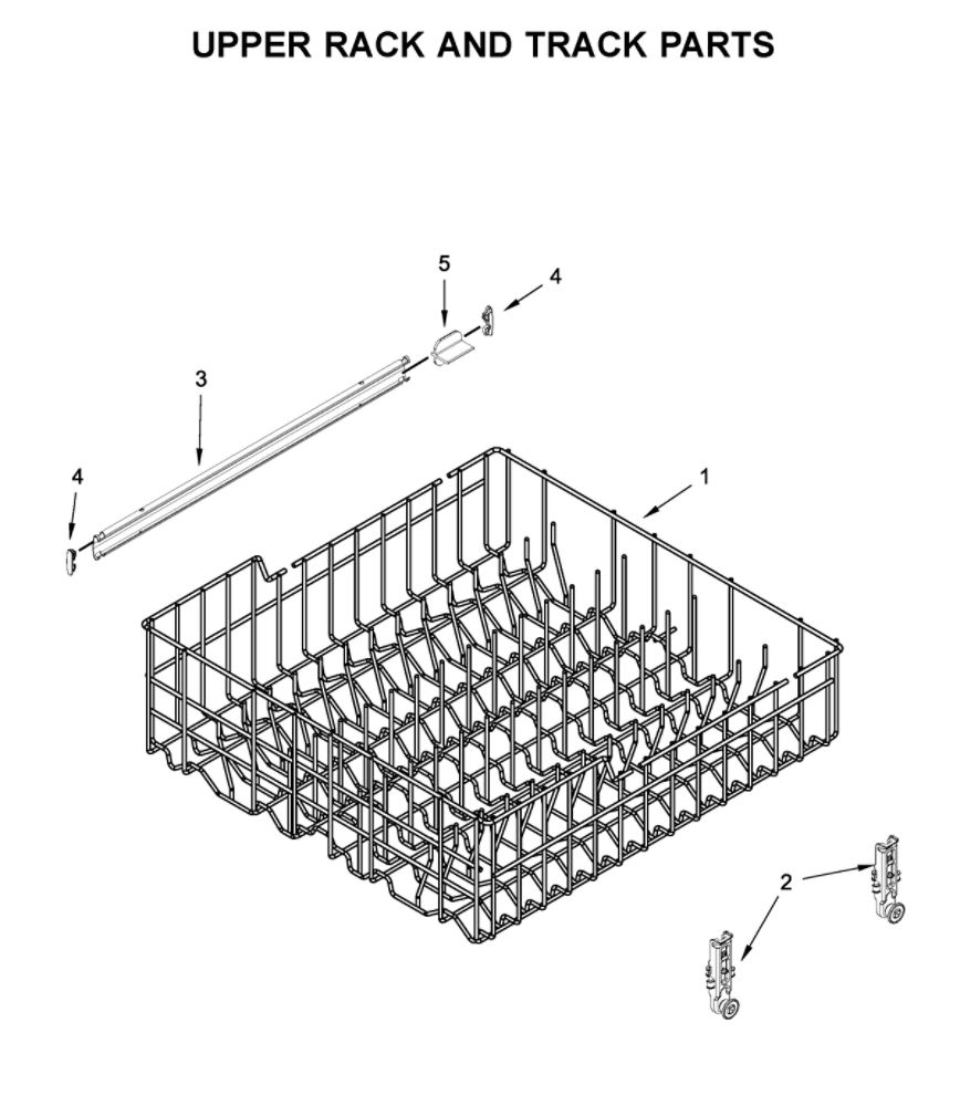 Upper Rack And Track Parts Diagram and Parts List for WDF130PAHB0  Whirlpool Dishwasher