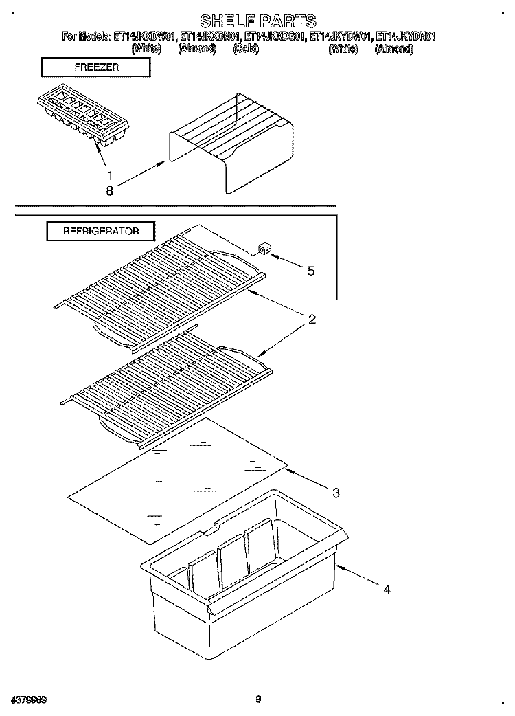 SHELF Diagram and Parts List for ET14JKXDW01  Whirlpool Refrigerator