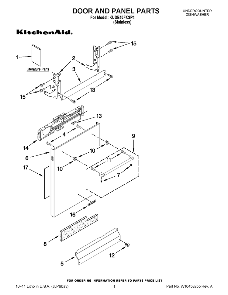 DOOR AND PANEL PARTS Diagram and Parts List for KUDE40FXSP4  KitchenAid Dishwasher