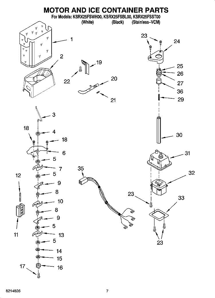 MOTOR AND ICE CONTAINER PARTS Diagram and Parts List for KSRX25FSST00  KitchenAid Refrigerator