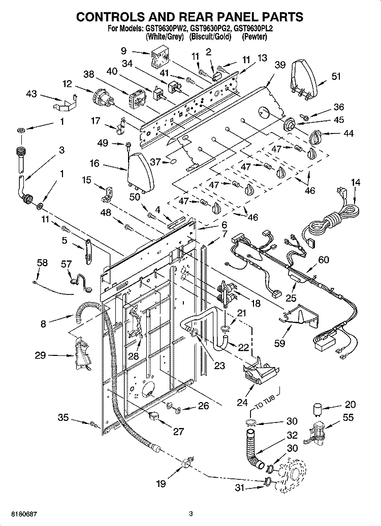 CONTROLS AND REAR PANEL PARTS Diagram and Parts List for GST9630PL2  Whirlpool Washer
