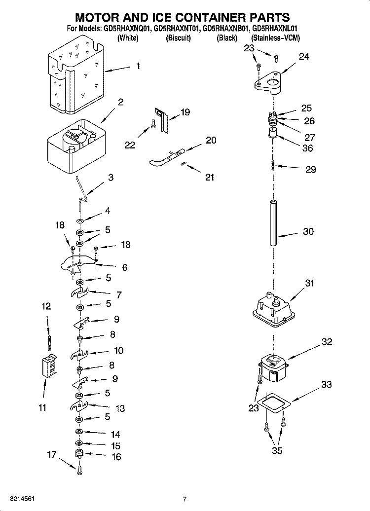 MOTOR AND ICE CONTAINER PARTS Diagram and Parts List for GD5RHAXNL01  Whirlpool Refrigerator