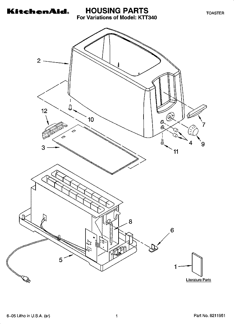 HOUSING PARTS Diagram and Parts List for KTT340  KitchenAid Toaster