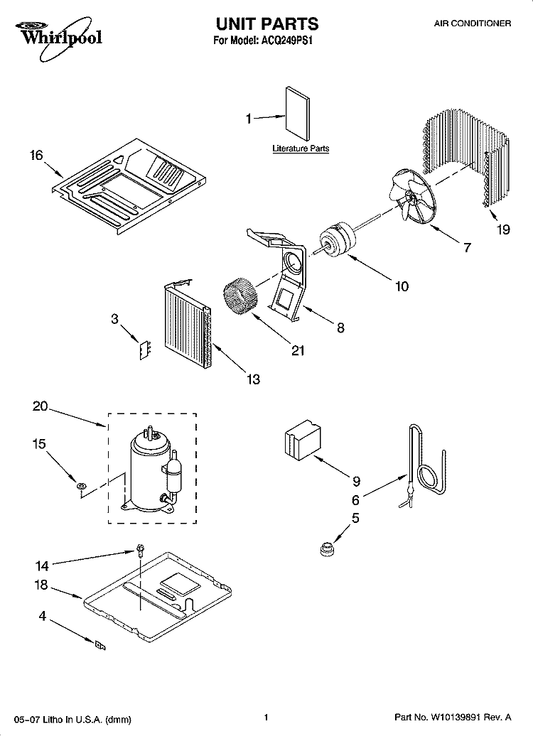 UNIT PARTS Diagram and Parts List for ACQ249PS1  Whirlpool Air Conditioner