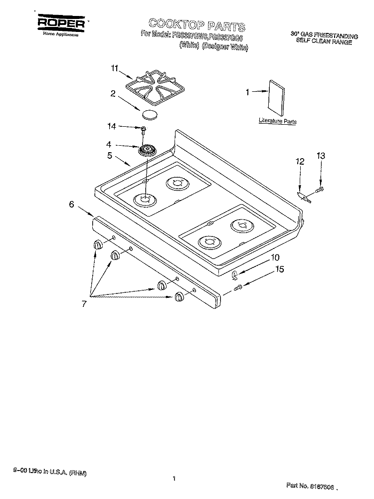 COOKTOP, LITERATURE Diagram and Parts List for FGS337GW6  Roper Range