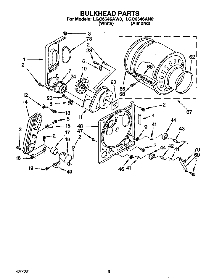 BULKHEAD Diagram and Parts List for LGC6646AW0  Whirlpool Dryer
