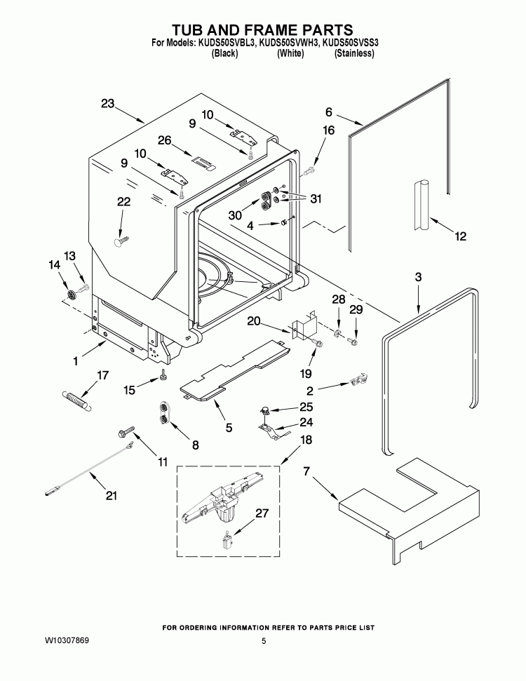 TUB AND FRAME PARTS Diagram and Parts List for KUDS50SVSS3  KitchenAid Dishwasher