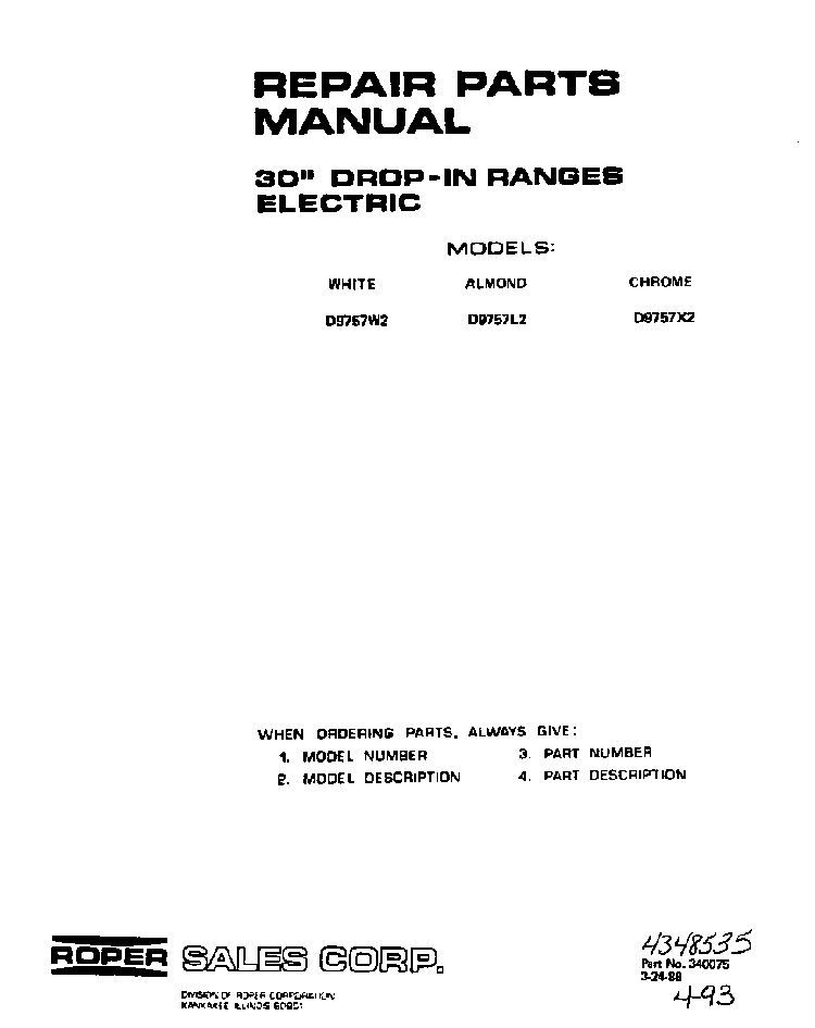 Front Cover Diagram and Parts List for D9757*2  Roper Range