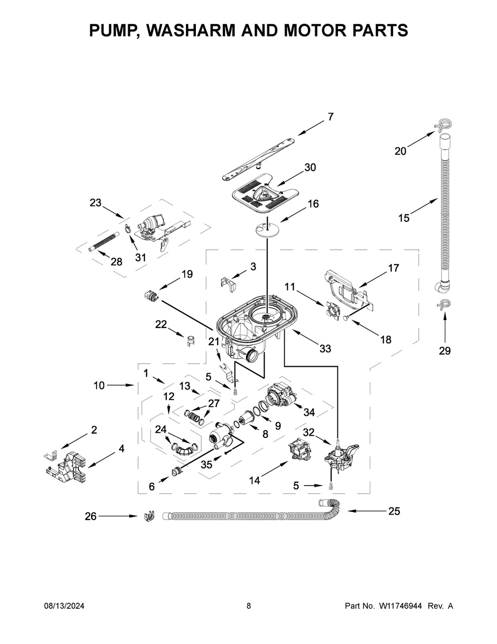 05 - Pump, Washarm And Motor Parts Diagram and Parts List for MDPS6124RZ1  Whirlpool Dishwasher