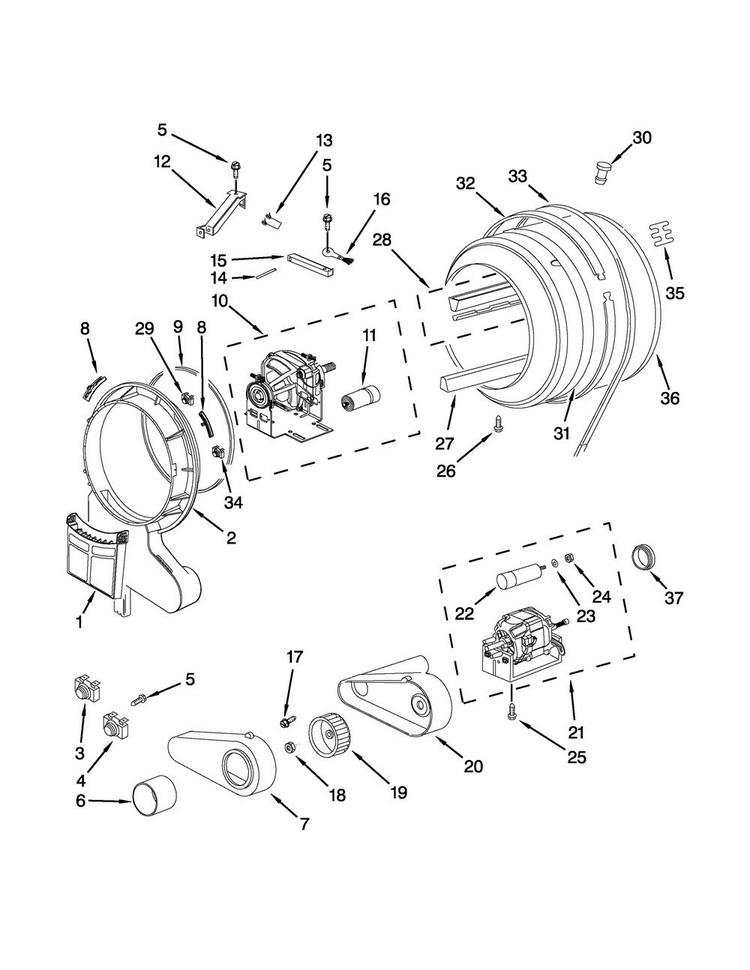 Drum And Motor Parts Diagram and Parts List for WED7500VW2  Whirlpool Dryer