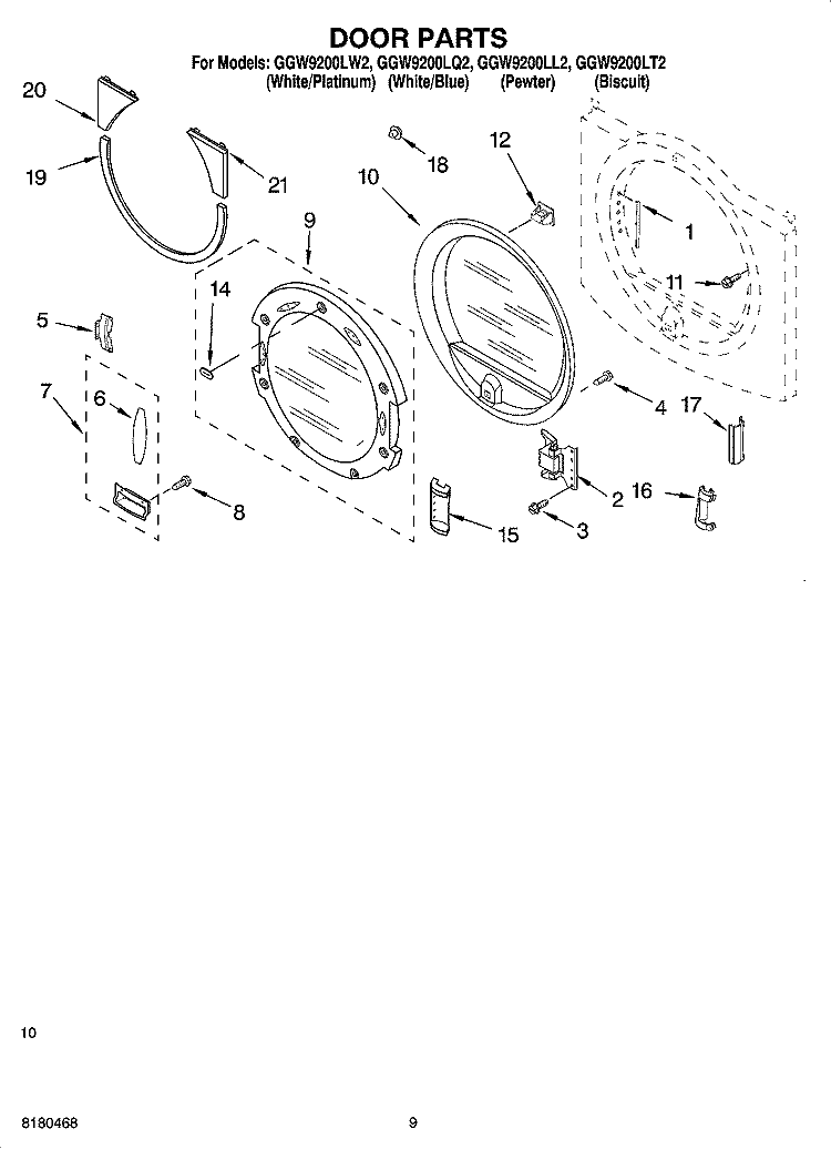 DOOR PARTS Diagram and Parts List for GGW9200LL2  Whirlpool Dryer