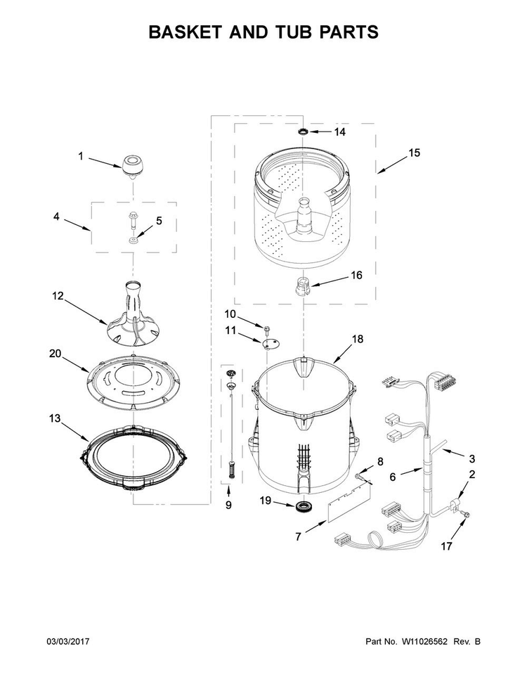 Basket And Tub Parts Diagram and Parts List for 4KWTW4815FW0  Whirlpool Washer