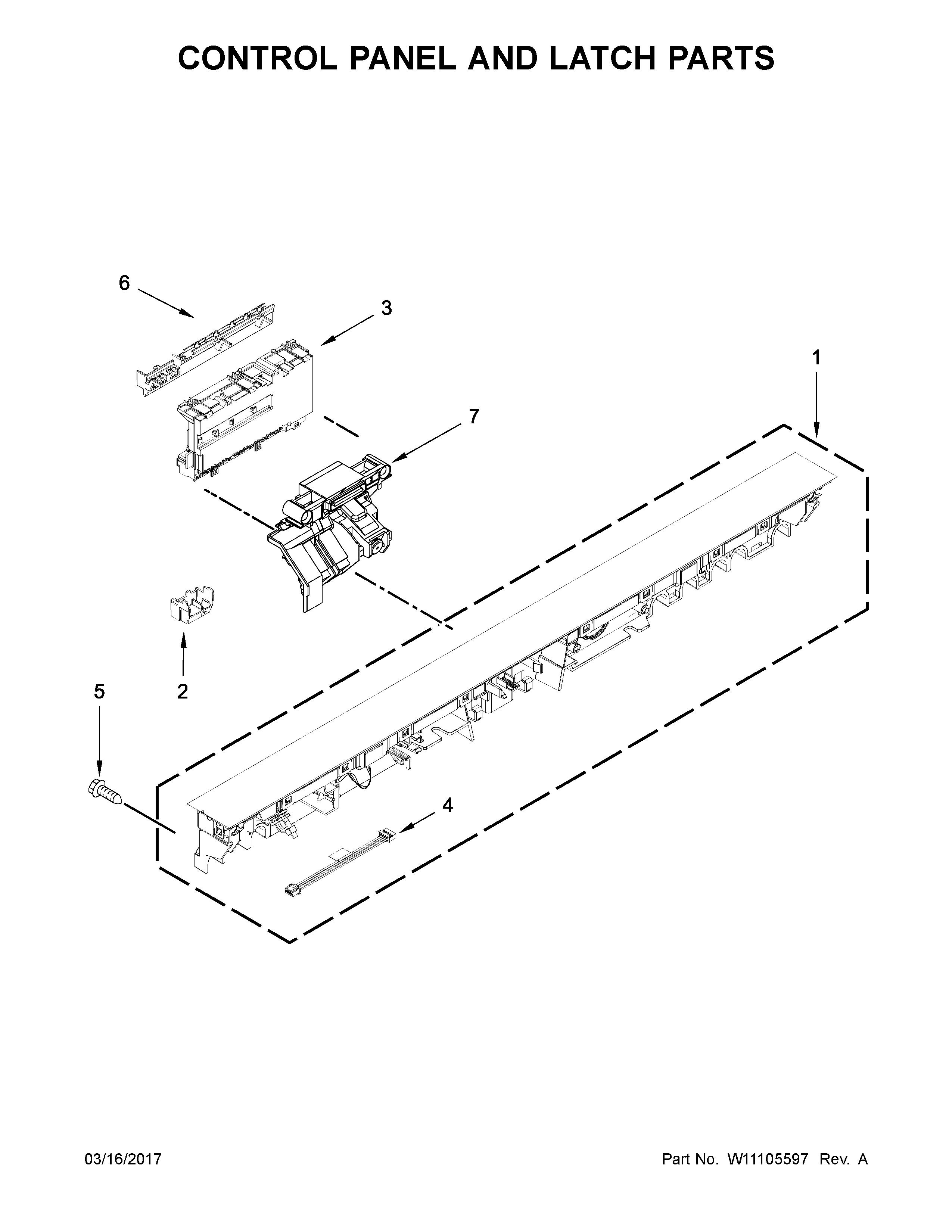 Control Panel And Latch Parts Diagram and Parts List for 66514565N611  Kenmore Dishwasher