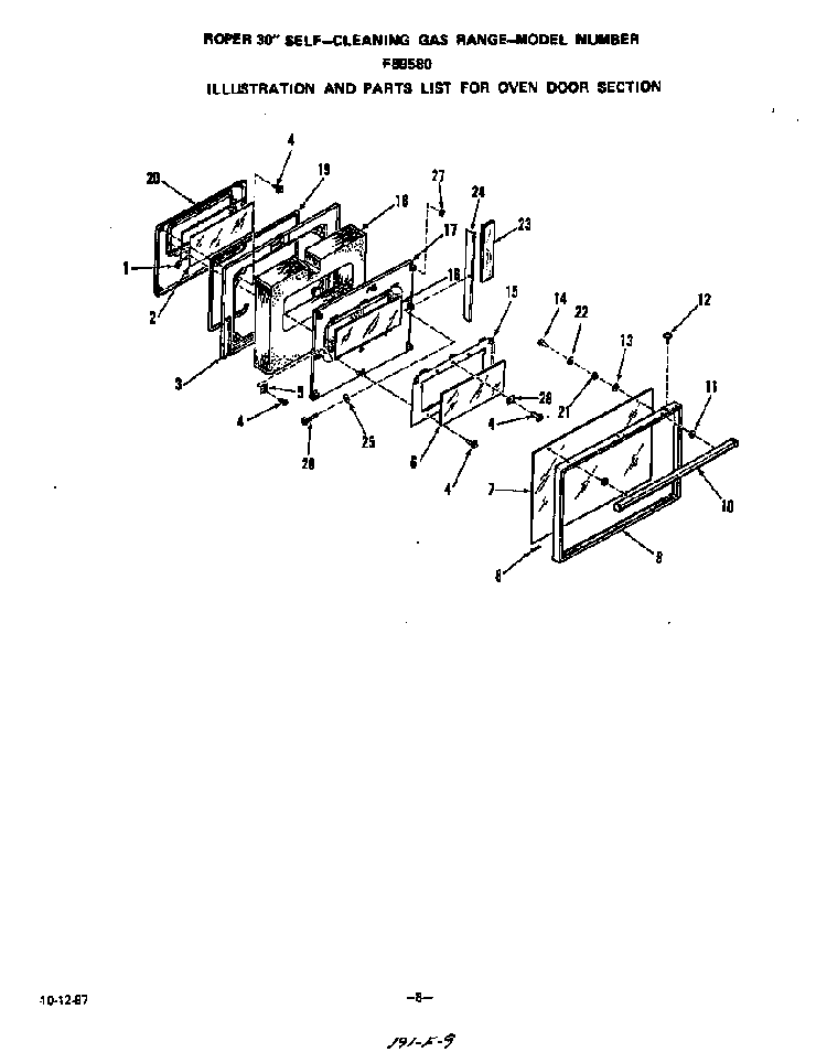Oven Door Diagram and Parts List for F8958*0  Roper Range