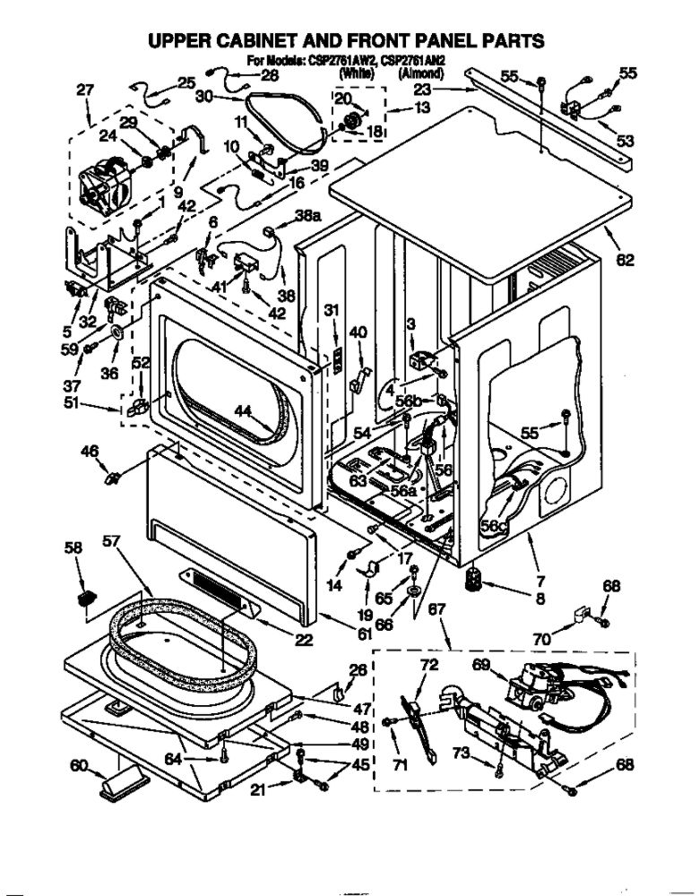 Upper Cabinet And Front Panel Diagram and Parts List for CSP2761AW2  Whirlpool Dryer