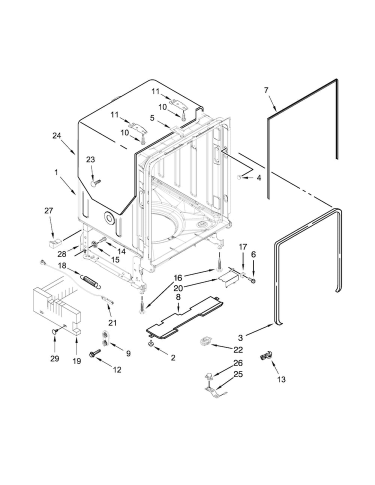 Tub And Frame Parts Diagram and Parts List for KDFE104DWH1  KitchenAid Dishwasher