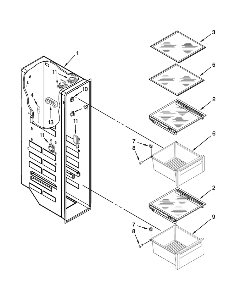 Freezer Liner Parts Diagram and Parts List for BRS80ARANA02  Whirlpool Refrigerator
