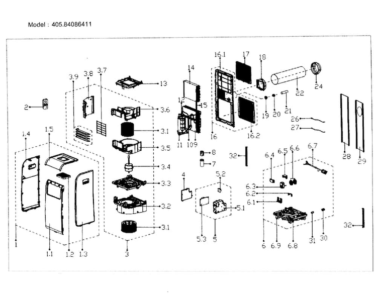 Main Asy Diagram and Parts List for 40584086411  Kenmore Air Conditioner