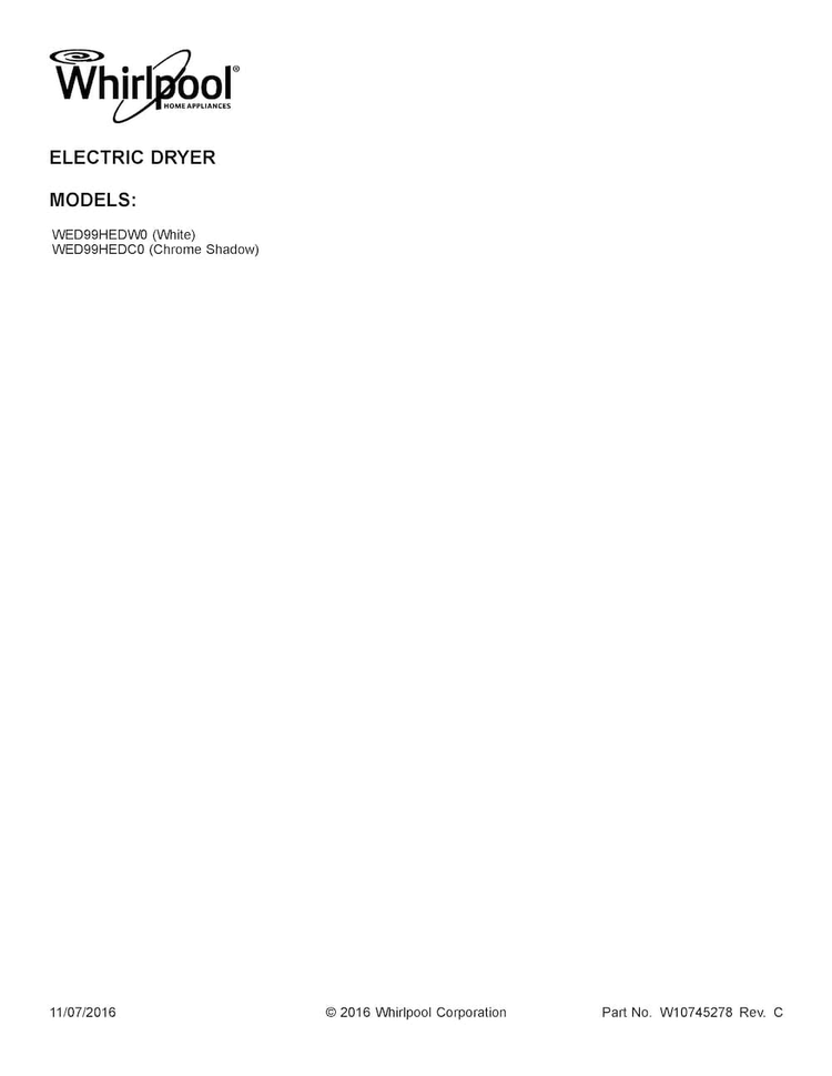 Cover Sheet Diagram and Parts List for WED99HEDC0  Whirlpool Dryer